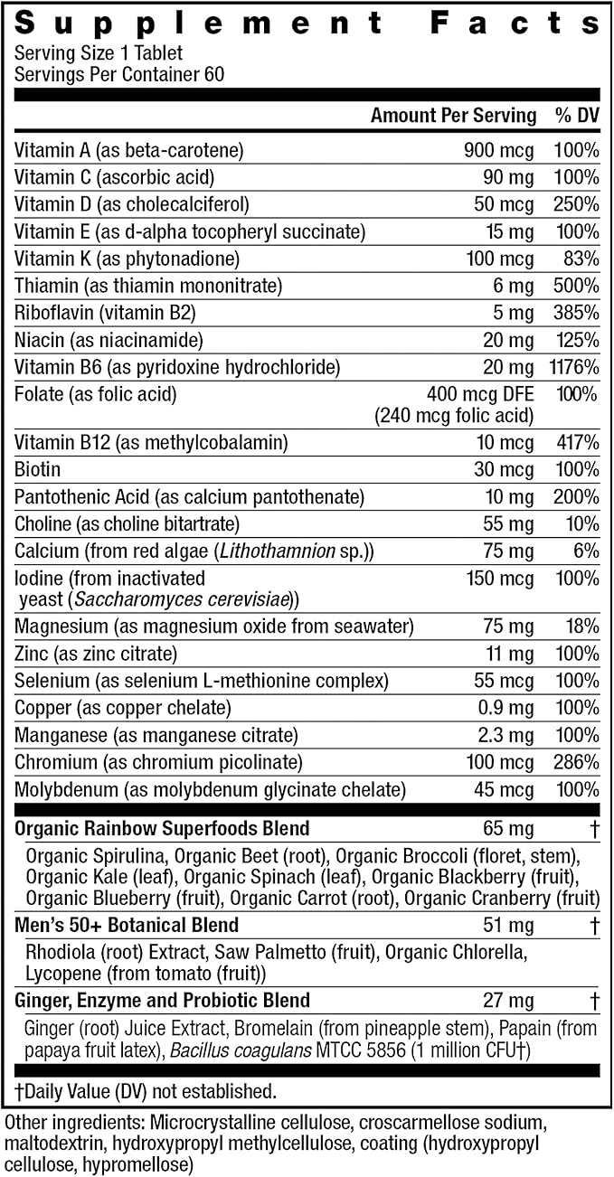 Rainbow Light Multivitamin for Men 50+, Vitamin C, D & Zinc, Probiotics, Men's One 50+ Multivitamin Provides High Potency Immune Support, Non-GMO, Vegetarian, 60 Tablets