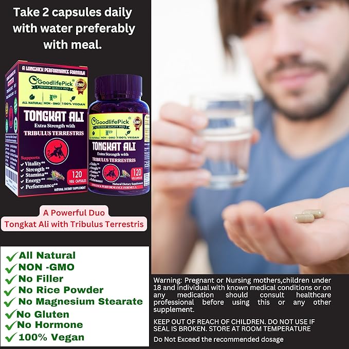 Extra Strength Tongkat Ali with Tribulus Terrestris. Powerful (100:1) Longjack/Tongkat Ali Extract. 120 Veg Capsules Tongkat Ali for Men.All Natural, Non-GMO,Vegan, No Stearate, No Rice Powder