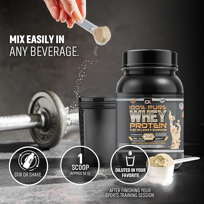 DL 100% Pure Whey Protein Powder + Collagen & Magnesium | 43g Protein – 8.7g BCAA – 0g Fat | Muscle Gain, Recovery & Nutrient Delivery | Immune Support | Quick & Easy Mixing Protein Powder | 2 lb