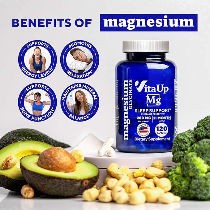 Magnesium Glycinate 200mg - USA Made Magnesium Supplement for Sleep, Heart, Bones, Metabolism Support - High Absorption Magnesium Bisglycinate Capsules - 120 Vegan Chelated Capsules