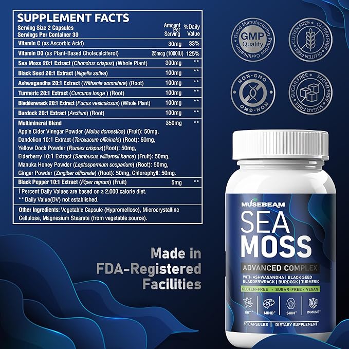Irish Sea Moss 6000mg - 2000mg Black Seed Oil Ashwagandha Burdock Root Ginger Capsules - Advanced Seamoss Vitamin Multi Mineral Complex Supplement Pills for Men Women