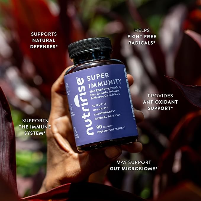 NutriRise Immunity Complex Immune Support Supplement with Vitamin C, E, B6, Zinc, Turmeric Curcumin, Elderberry, Echinacea, 7.2 Billion CFU Probiotics for Gut Health, 90 Count