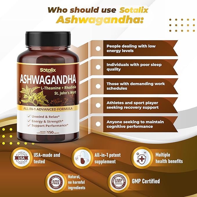 Ashwagandha All-in-1 Advanced Formula with L-Theanine, Rhodiola, St. John's Wort for Unwind & Relax & Strength - USA Made & Tested (150 Count (Pack of 1))