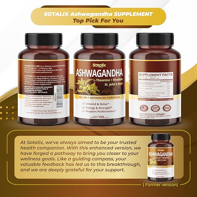 Ashwagandha All-in-1 Advanced Formula with L-Theanine, Rhodiola, St. John's Wort for Unwind & Relax & Strength - USA Made & Tested (150 Count (Pack of 1))