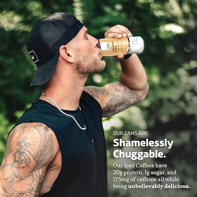 Slate Milk - High Protein Iced Coffee - Caramel Latte - 175mg Caffeine, Lactose Free Energy - 20g Protein, 1g Sugar, 100 Calories, 1g Net Carbs, No Sugar Added - Protein Coffee - 11 fl oz, 12 Cans