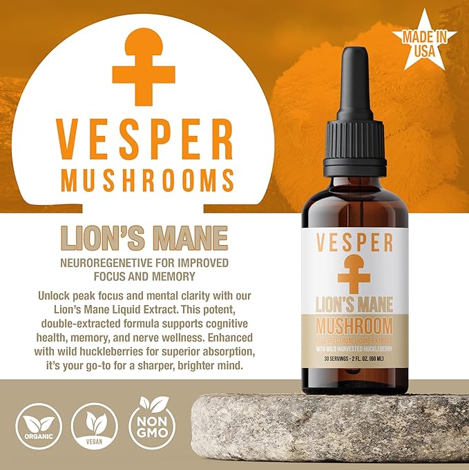 Vesper Lion’s Mane Mushroom Liquid Extract - Double Extraction with Wild Huckleberries for Brain Health, Cognitive Support, Focus & Immune Wellness, USA-Grown, for Clarity & Mental Performance – 2oz