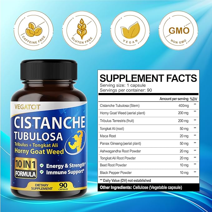 VEGATOT 10 in 1 High Strength Cistanche Tubulosa Tribulus Terrestris Horny Goat Weed Concentrated Boost Energy Stamina Strength - Made in The USA
