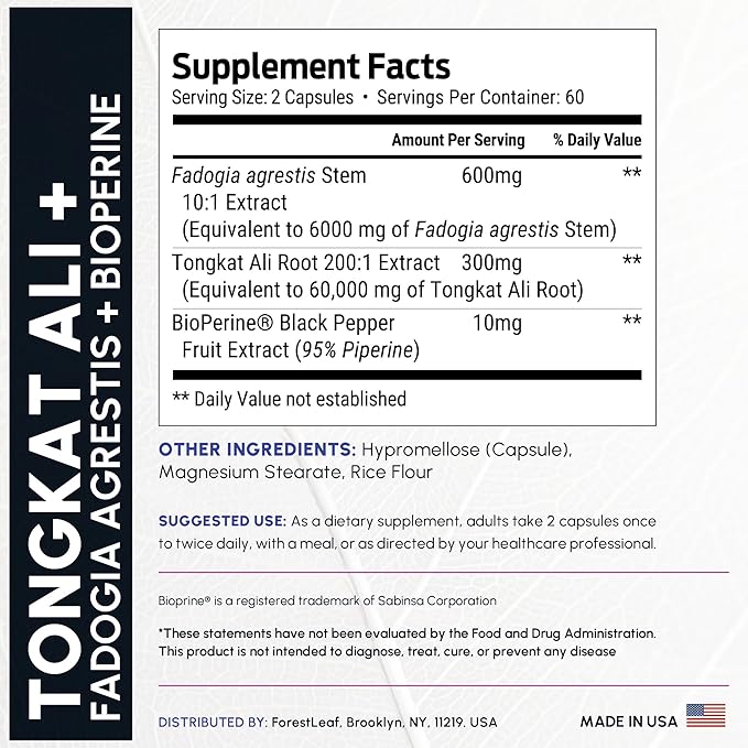 Tongkat Ali and Fadogia Agrestis for Men Supplement w/BioPerine - Tonkat-Ali Max Strength 200:1 Extract - Long Jack Tongkat-ali for Men - Muscle Growth, Performance & Energy - 120 Powder Capsules