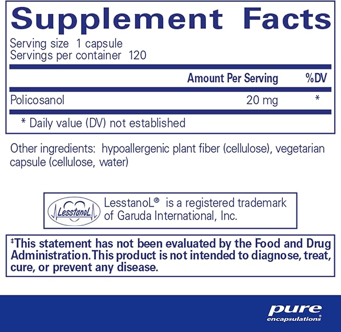 Pure Encapsulations Policosanol 20 mg | Hypoallergenic Supplement Supports Healthy Lipid Metabolism and Cardiovascular Function | 120 Capsules