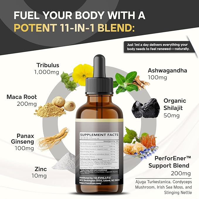 Organic Tribulus, Maca Root, Panax Ginseng, Ashwagandha Liquid Drops – 1670mg per Serving, Ultra Potent, Natural Taste, USA Made & Lab Tested – 2 FL OZ (60ml)