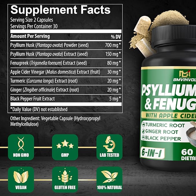BMVINVOL Psyllium Husk Fiber Supplement t with Fenugreek, Apple Cider Vinegar, Turmeric, Ginger, Black Pepper- Digestion Health Support - 60 Capsules