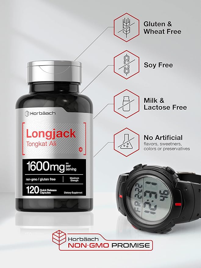 Horbäach Longjack Tongkat Ali for Men and Women | 1600mg | 120 Capsules | Extract Supplement | Maximum Strength Pills | Eurycoma Longifolia | Non-GMO and Gluten Free
