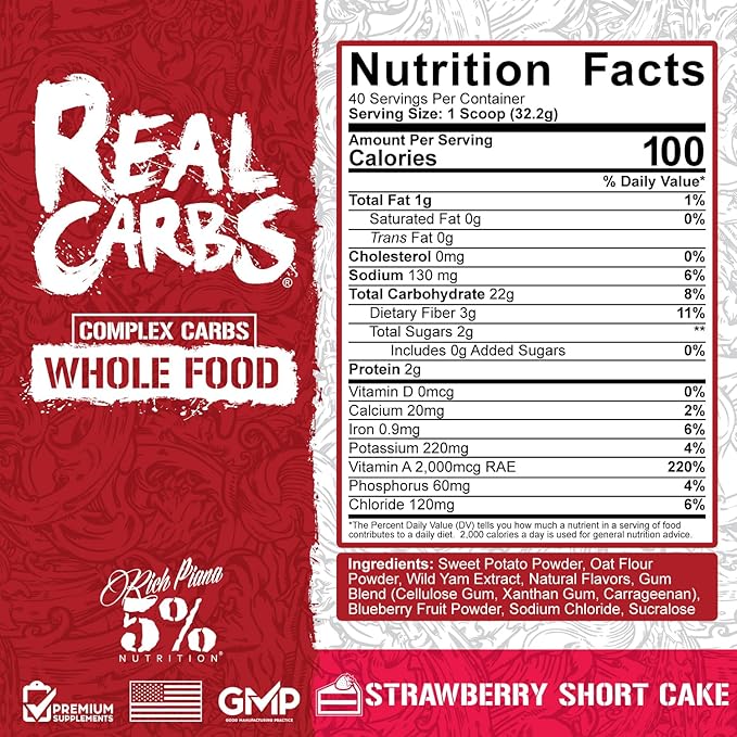 5% Nutrition Rich Piana Real Carbs with Real Food Complex Carb Powder, Long-Lasting Low Glycemic Energy for Pre-Workout/Post-Workout Recovery Meal, 2.84 lb, 40 Servings (Strawberry Shortcake)