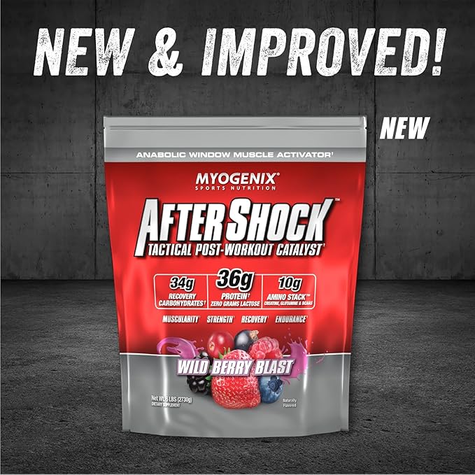 Myogenix Aftershock Post Workout, Muscle Growth Whey Protein Powder | Anabolic Whey Protein and Mass Building Carbohydrates | Amino Stack Creatine and Glutamine Plus BCAAs | Wildberry Blast 6 LBS