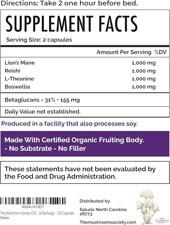 Chill Pill - Lion’s Mane, Reishi, L-Theanine & Boswellia Extract Blend - Mushrooms Supplement for Relax, Recover & Recharge - 120 Capsules