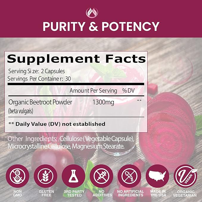 THE ENCLARE NUTRITION Beet Root Capsules 1300mg. Organic Beet Root Powder Capsules Support Heart Health, Blood Pressure, Brain, Energy. Beetroot Powder Nitric Oxide Supplements for Men & Women 60ct