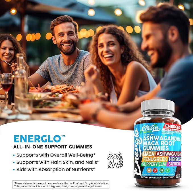 Ashwagandha Maca Root Gummies with Fenugreek Hibiscus Slippery Elm Saffron Extract & Beta Carotene | Peach Flavor Vegan Gummy Vitamins Adaptogen Cortisol Supplement Energlo by Clean Nutra (3)