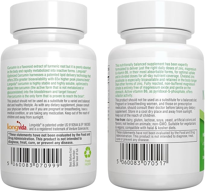 Longvida Curcumin 500mg + Neurobalance High Absorption Zinc Magnesium B6 Vegan Bundle, Ultra Bioavailable Curcumin with Chelated Zinc Picolinate 24mg, Oxide-Free Magnesium, by Igennus