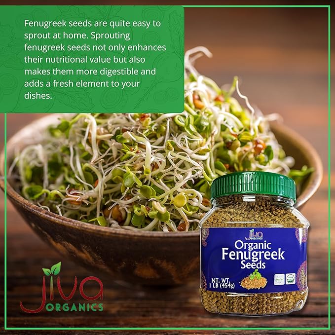 Jiva Organics Organic Fenugreek Seeds Whole 1 Pound Jar - Methi Seed for Cooking, Sprouting & Beauty Care