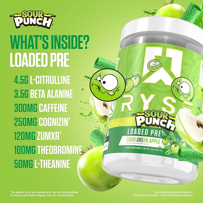 Ryse Loaded Pre Workout Powder - Sour Punch Green Apple - Daily Pre-Workout for Men & Women with 390mg Caffeine, Beta Alanine, and Citrulline for Pump, Focus, and Energy - 30 Servings