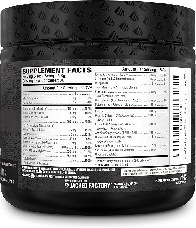 Jacked Factory Vita XT Performance Vitamin Powder - Daily Multivitamin Powder for Men with KSM-66 Ashwagandha, Prebiotic Fiber, Vitamin A, C, D, K, B6, B12, & More - Strawberry Lemonade, 30Sv