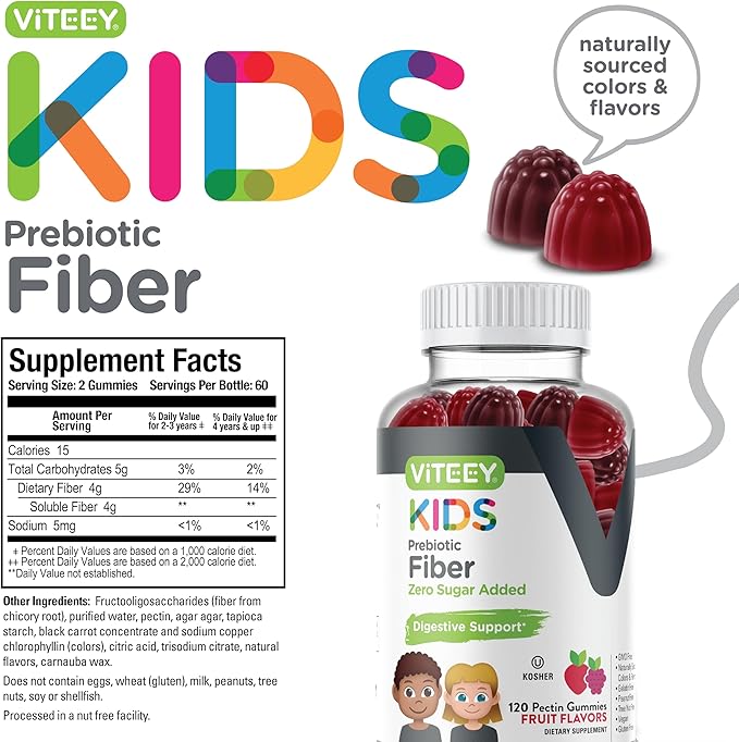 Prebiotic Kids Fiber Gummies for Constipation Relief, Digestive Health Regularity Support, Natural Weight Support - Fiber 4g, Zero Sugar Added, Vegan, Gluten Free - Tasty Chewable Fruit Flavored Gummy