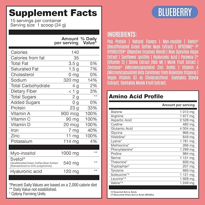 Fitmingo Vegan Protein Powder with Inositol, Collagen Boosters, Hyaluronic Acid and Vitamins | Low Carb, Dairy Free, Low Calorie | 23g Plant Based Blueberry Protein Powder with Myo-Inositol