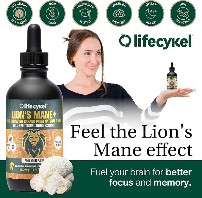 Lifecykel - Lion's Mane Mushroom Extract with Kakadu Plum - Brain Booster Nootropic for Memory, Focus & REM Sleep - Non-GMO, Organic Mushroom Tincture - 1 Fl Oz (15 Servings)
