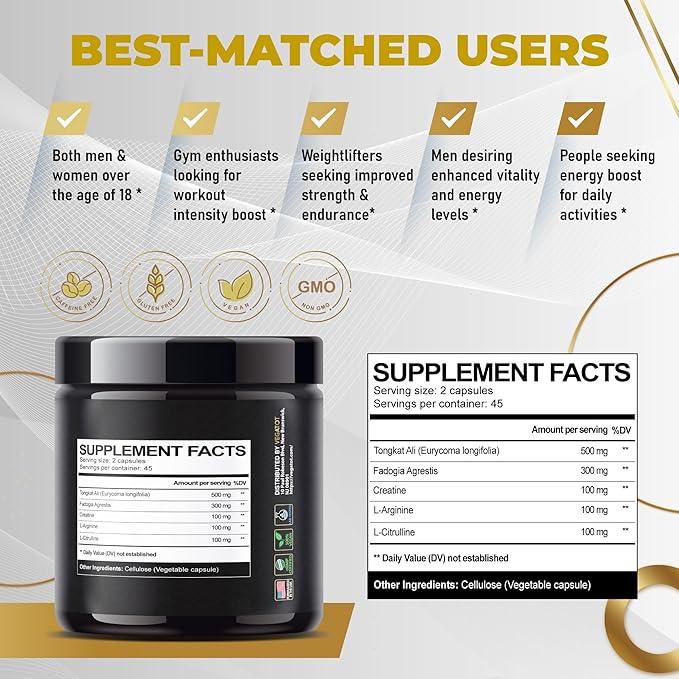 VEGATOT Fadogia Agrestis Tongkat Ali Ultra Herbal Supplement **USA Made and Tested** Potency Boosted with Creatine, L-Citrulline, L-Arginine - Promote Energy & Performance
