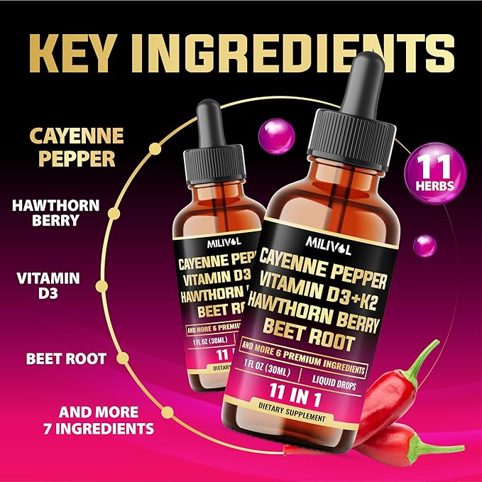 11in1 Cayenne Pepper Liquid Drops with Hawthorn Berry, Vitamin D3, K2, Berberine, Bitter Melon, Turmeric & More – for Heart & Immune Support – 1 FL Oz – 60 Days Supply