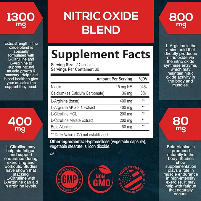 Extra Strength Nitric Oxide Supplement 3X Strength L Arginine, Citrulline Malate, AAKG, Beta Alanine - Premium Muscle Supporting Nitric Booster - Natural Energy & Heart Health Support - 60 Capsules