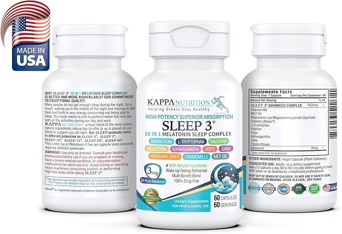 KAPPA NUTRITION Sleep 3, Sleep Aid, 3mg of Melatonin, 60-Day Supply, Non-Habit Forming Vegan Capsules Natural Ingredients for Easier Bedtime, Herbal Supplement, Valerian Root, Chamomile Non-GMO