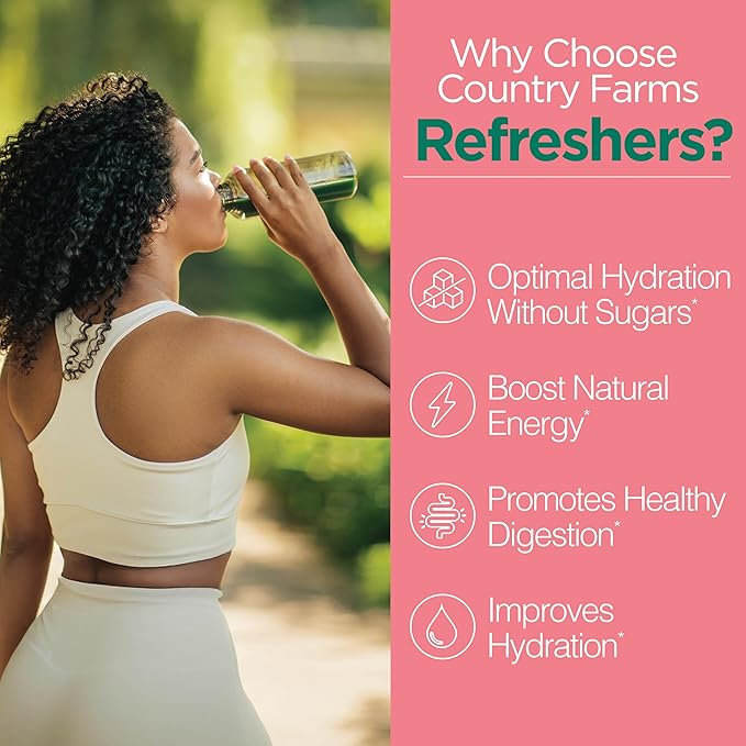 COUNTRY FARMS Refreshers, Super Greens and Electrolytes, Essential Minerals and Superfoods, Hydration Support, Promotes Natural Energy, with Fiber, Watermelon, 30 Servings