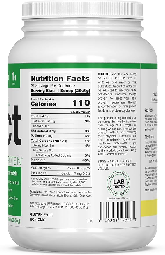 PEScience Select Vegan Plant Based Protein Powder, Vanilla, 27 Serving, Premium Pea and Brown Rice Blend