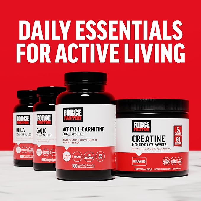 Force Factor Acetyl L-Carnitine Brain Supplement, Nerve Support Supplement, and Cellular Energy Booster, Acetyl L-Carnitine 500mg, Premium Quality, Vegan, Non-GMO, 100 Vegetable Capsules