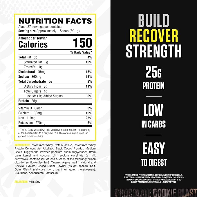 Ryse Loaded Protein Powder - Chocolate Cookie Blast - 25g Whey Protein Isolate & Concentrate with Prebiotic Fiber & MCTs - Low Carb, Low Sugar, Digestive-Friendly - 27 Servings / 2 lb Tub