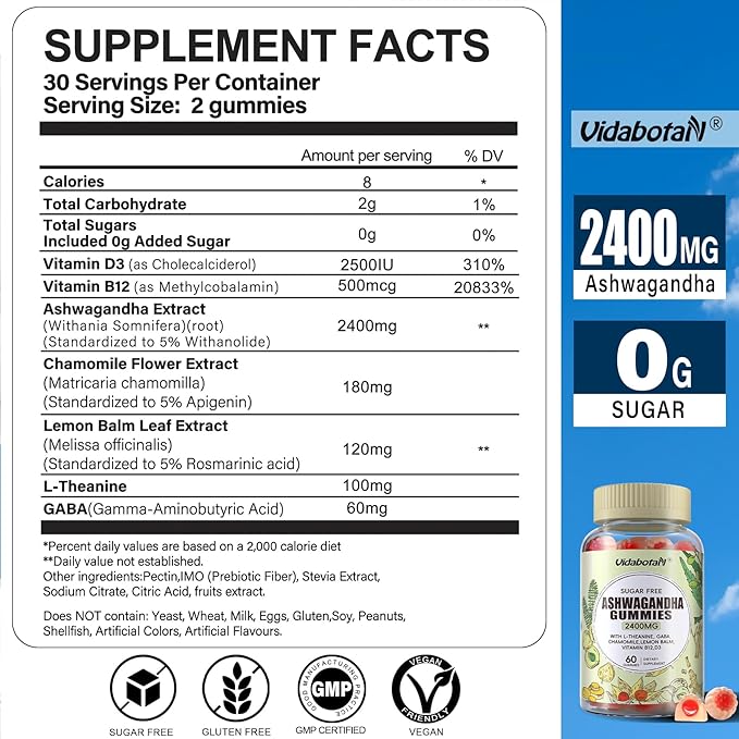 Sugar Free Ashwagandha Gummies 2400mg for Women & Men, Ashwagandha Gummy with L-theanine, GABA, Lemon Balm for Calm,Zzzs and Energy Support, Mixed Berries Flavor 60 Count
