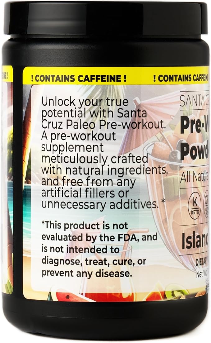 Santa Cruz Paleo Natural Pre Workout Powder, Island Punch, Keto Preworkout Electrolytes with Magnesium, Potassium, L-Citrulline, 150mg Caffeine, Sugar-Free Drink Mix for Energy & Hydration,30 Servings