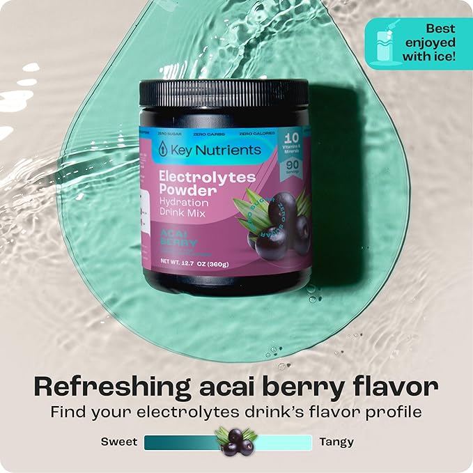 KEY NUTRIENTS Multivitamin Electrolytes Powder No Sugar - Fruity Acai Berry Electrolyte Powder - Endurance & Energy Supplement - Hydration Powder - No Calories - 90 Servings - Made in USA