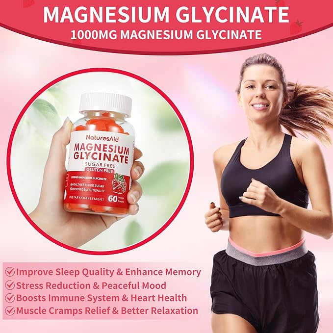 Magnesium Glycinate Gummies 1000mg - Sugar Free Magnesium Potassium Supplement with Vitamin D, B6, CoQ10 for Calm Mood & Sleep Support - 60 Strawberry Gummies -1 Pack