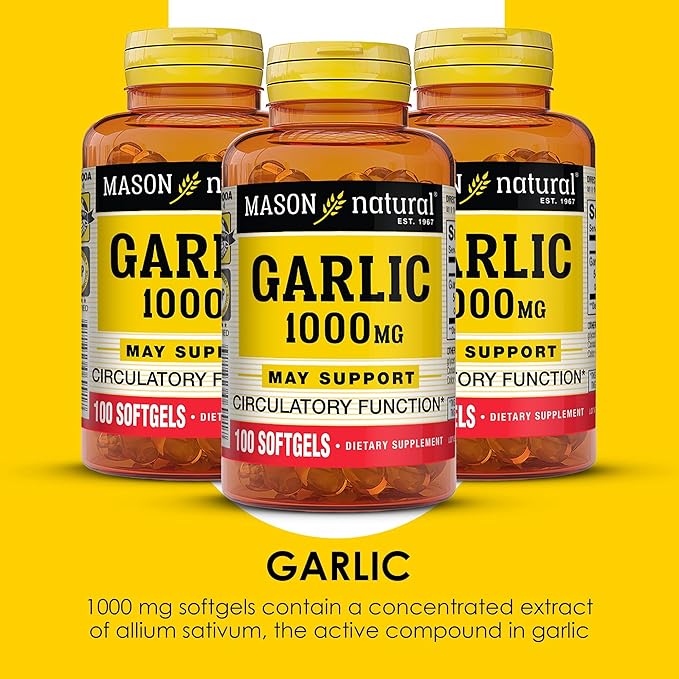 MASON NATURAL Garlic Oil 1000 mg, 300-Day Supply Softgels, Supports Normal Circulatory Function, 3 Pack