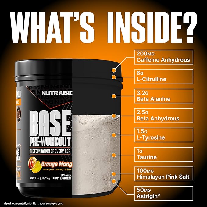 NutraBio Base Pre-Workout Powder 200mg Caffiene, Sustained Energy, Focus, Endurance, Pump, Sugar Free, Clean Preworkout for Men and Women - Beta Alanine, L-Tyrosine, 30 Servings - Orange Mango