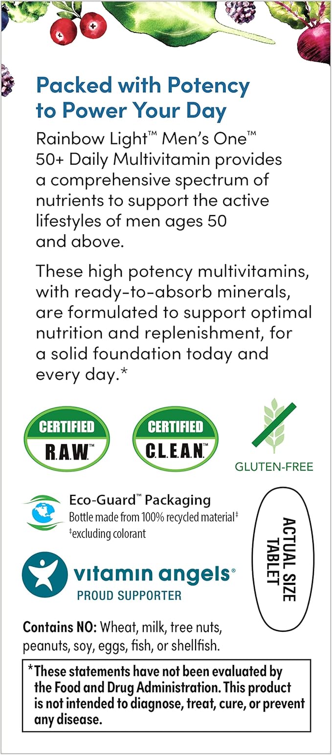 Rainbow Light Multivitamin for Men 50+, Vitamin C, D & Zinc, Probiotics, Men's One 50+ Multivitamin Provides High Potency Immune Support, Non-GMO, Vegetarian, 60 Tablets