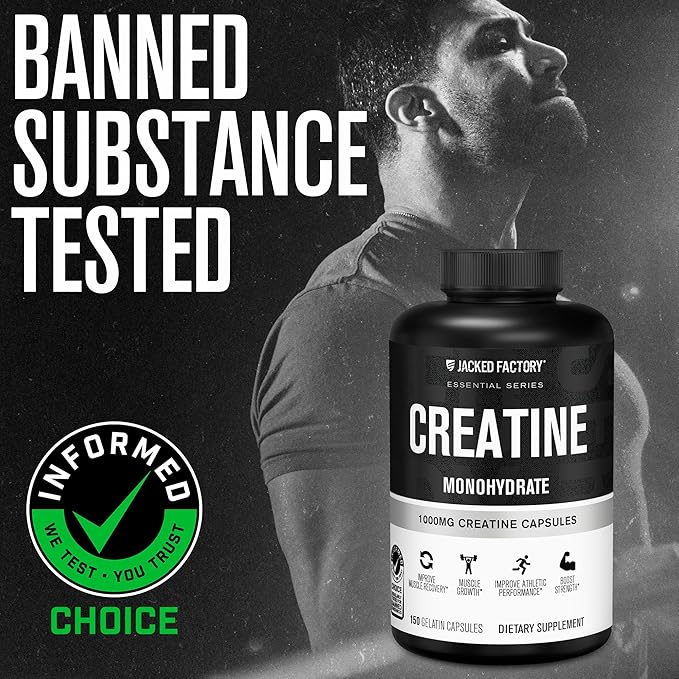 Jacked Factory Creatine Monohydrate Capsules - Creatine Pills for Muscle Growth, Increased Strength, Enhanced Energy Output and Improved Athletic Performance - 150 Capsules