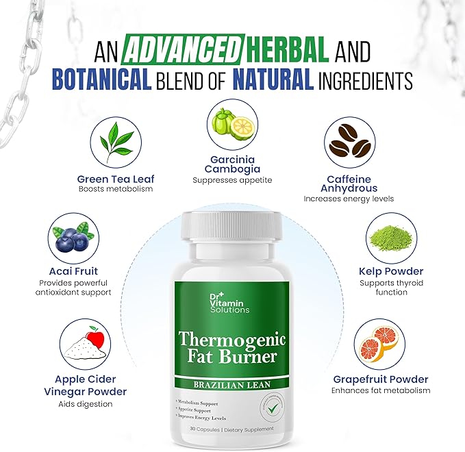 DR VITAMIN SOLUTIONS Thermogenic Fat Burner for Women and Men - Appetite Suppressant for Weight Loss - Includes Green Tea Extracts for Bloat Relief - Metabolism Booster - 30 Weight Loss Pills