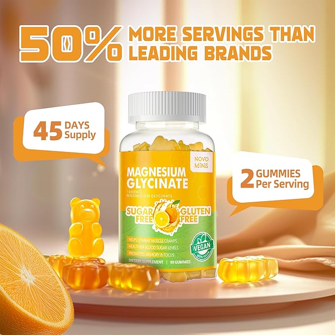 90 CT Magnesium Glycinate Gummies 1000mg - Sugar Free Magnesium Potassium Supplement with Vitamin D, B6, CoQ10 for Calm Mood & Sleep Support - 90 Orange Gummies.