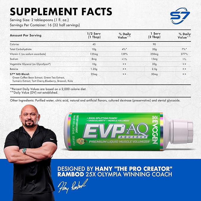 Evogen EVP AQ - Liquid Glycerol Muscle Volumizer | Pre Workout for Pumps, Vascularity, & Hydration | Premium Preworkout for Men & Women | Sour Apple | 16 fl oz
