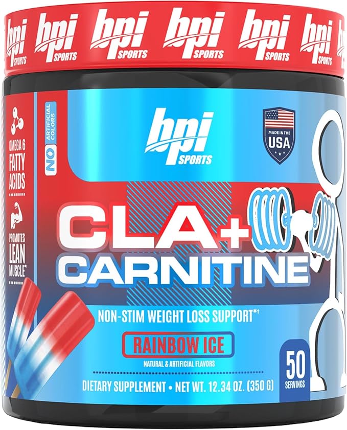 BPI Sports CLA + Carnitine – Conjugated Linoleic Acid – Performance, Lean Muscle – Caffeine Free – For Men & Women – Rainbow Ice – 50 servings – 12.34 Oz. (Packaging may vary)