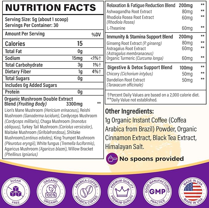 Mushroom Coffee Organic, 11 Mushrooms + 8 Adaptogenic Herb Mushroom Coffee for Focus, Energy, Digestion & Immune Support| Cordyceps, Lion’s Mane, Reishi, Chaga & Ashwagandha| Gluten Free, 30 Servings