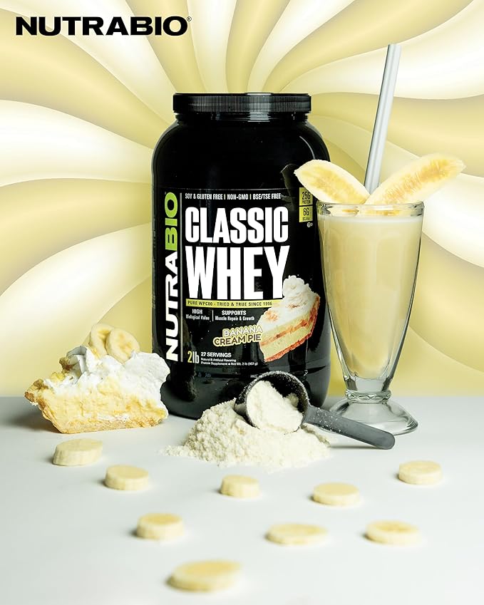 NutraBio Classic Whey Protein Powder- 25G Protein Per Scoop - Full-Spectrum Amino Acid Profile - No Fillers, Artificial Colors, Preservatives - (Banana Cream Pie, 2 Pounds)